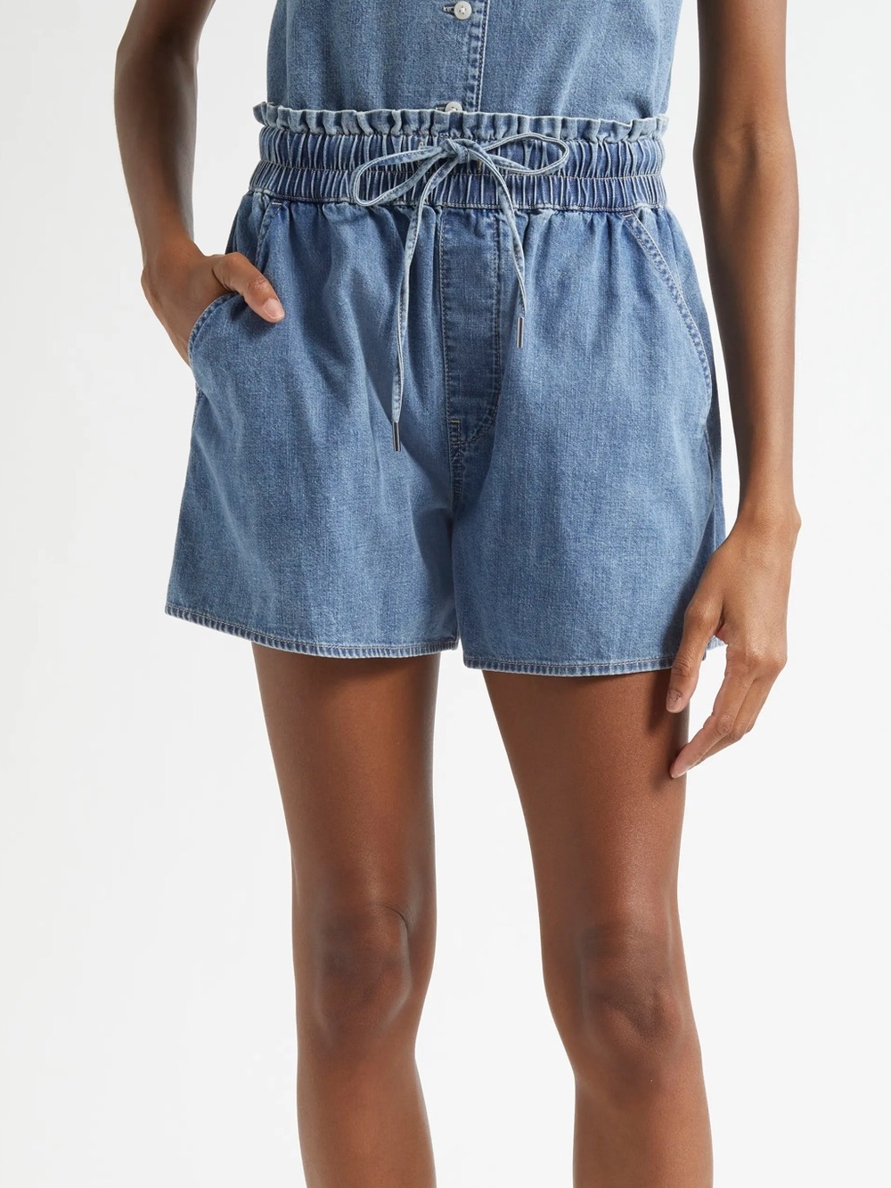 Veronica Beard Denim Paperbag Waist Casual Shorts - Light Blue